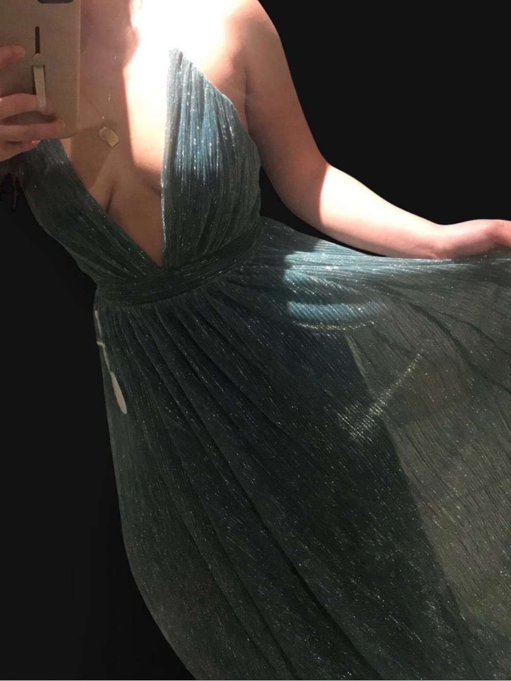 Luxxel Teal Shimmer Plunging V-Neck Prom Gown